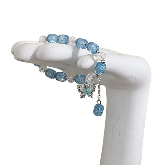 Blue and Clear Beaded Stretch Small Bracelet with Butterfly Charm - Picture 7 of 17